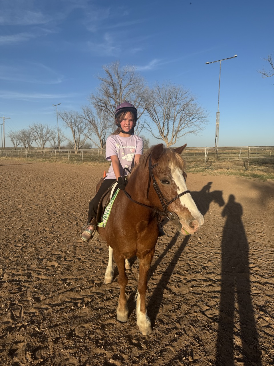 A young rider in a pink shirt and helmet rides Joy, a chestnut Welsh pony cross with a wide white blaze, in the outdoor arena at golden hour.