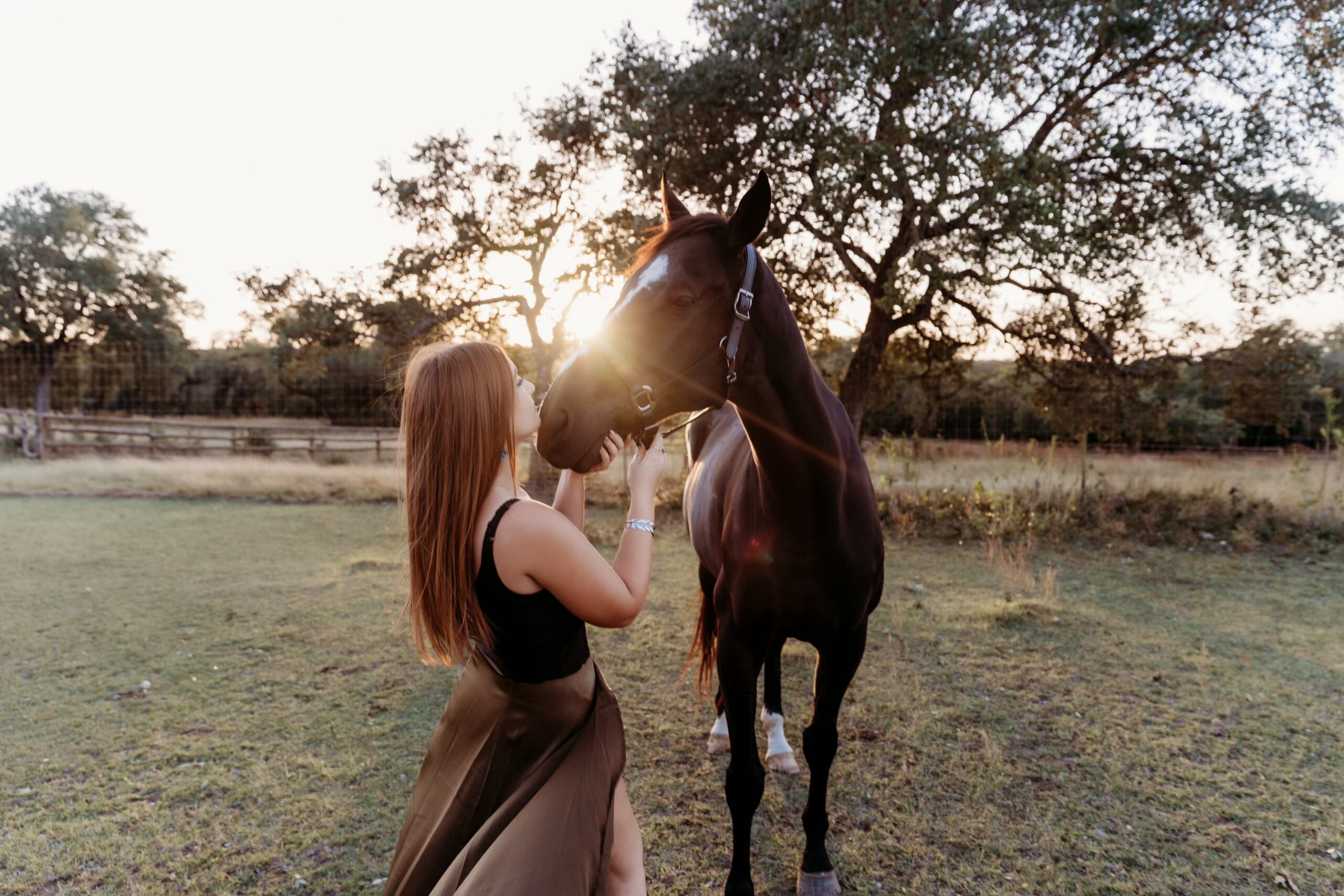 Woman gently holding a horse at sunset in a grassy field